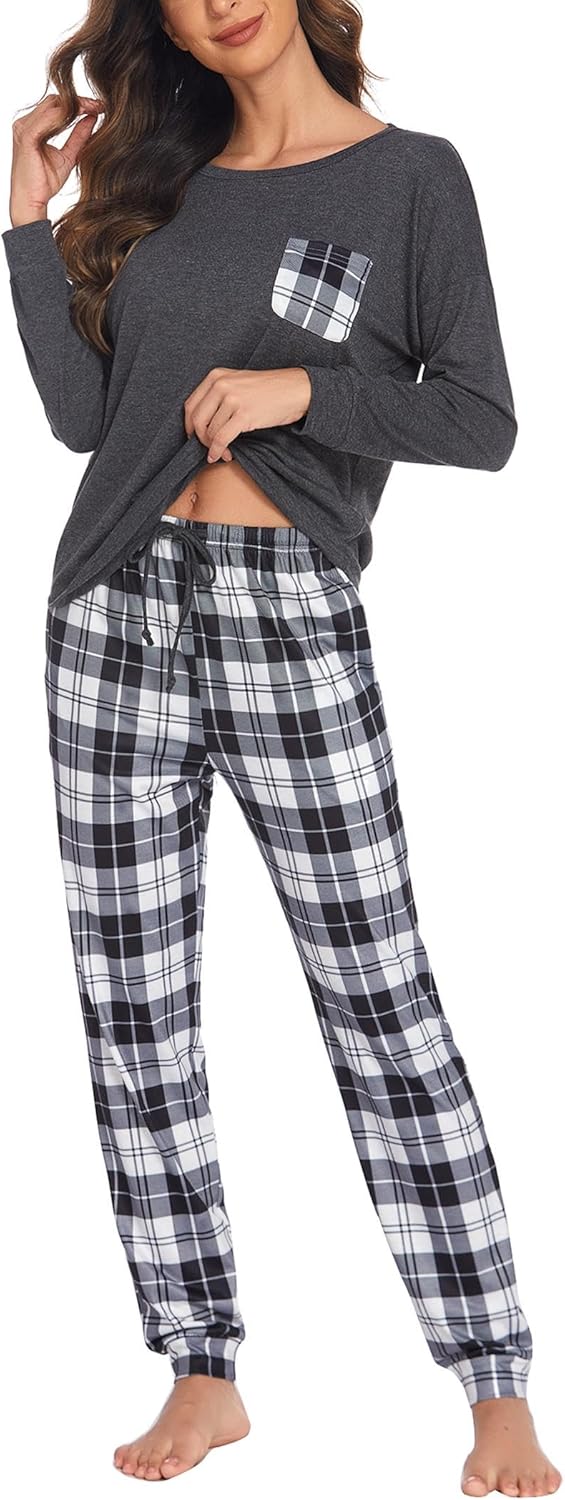 Ekouaer Schlafanzug Damen Lang Zweiteiler Pyjama Langarm Warm Pyjama Set Weich Nachtwäsche Kariert,