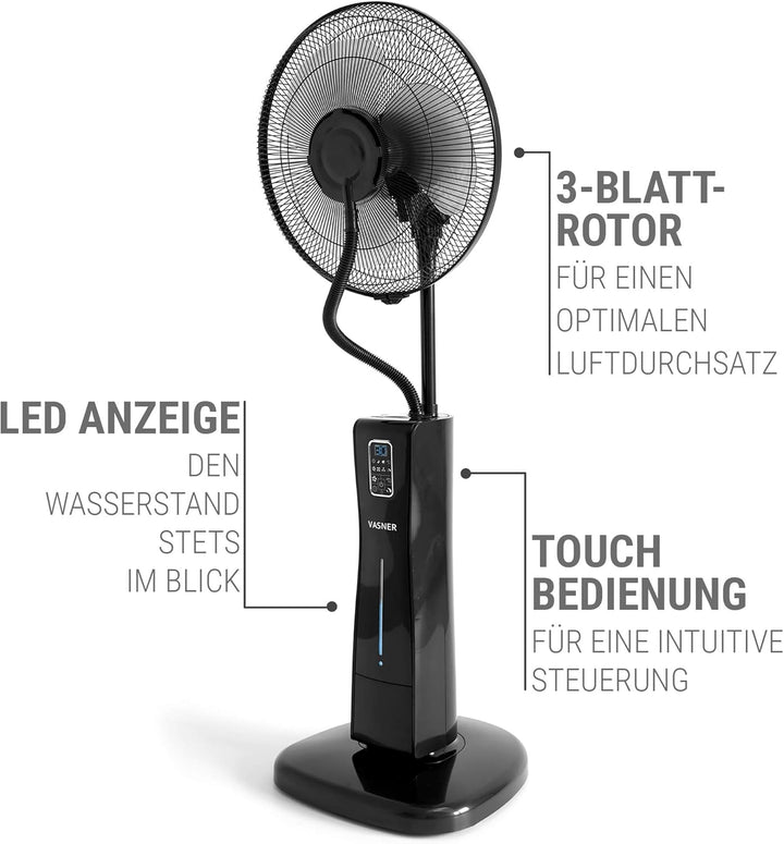 VASNER Cooly Ventilator schwarz mit AirCape Schutzhülle weiss – Standventilator Wasser Sprühnebel, 3