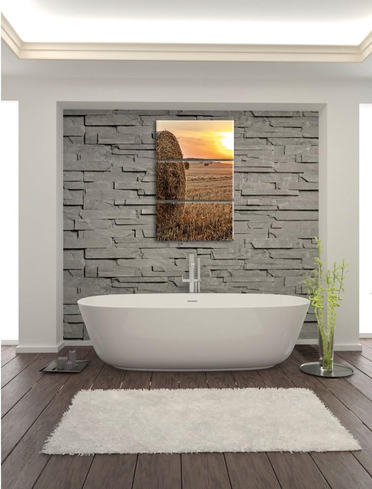 Pixxprint Strohballen auf Feld als Leinwandbild/Grösse: 3 Teilig (120x80) cm/Wandbild/Kunstdruck/fer