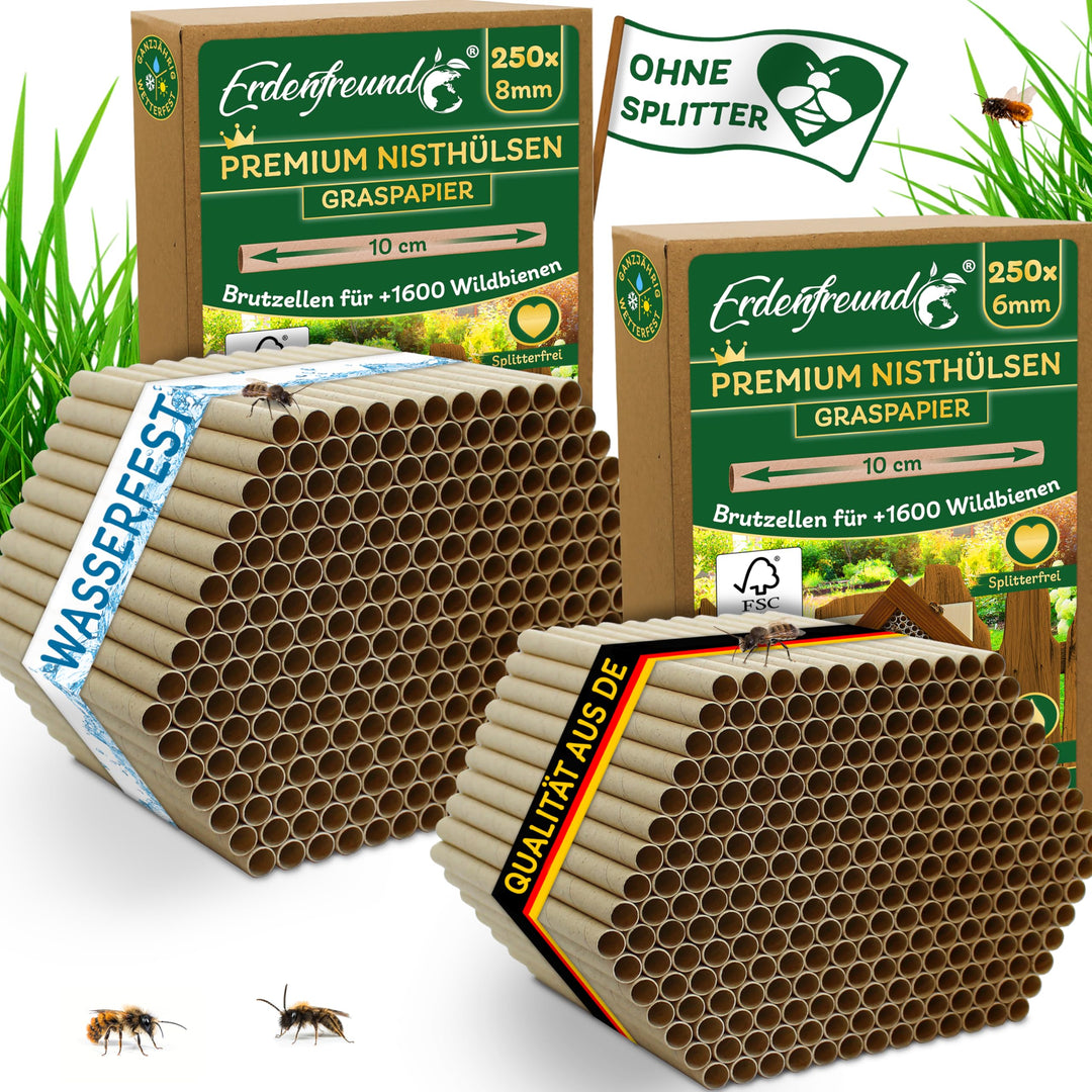 ERDENFREUND® 6 &amp; 8mm Premium Graspapier Niströhren für Wildbienen ohne Splitter 2x250 Nisthülsen Ins
