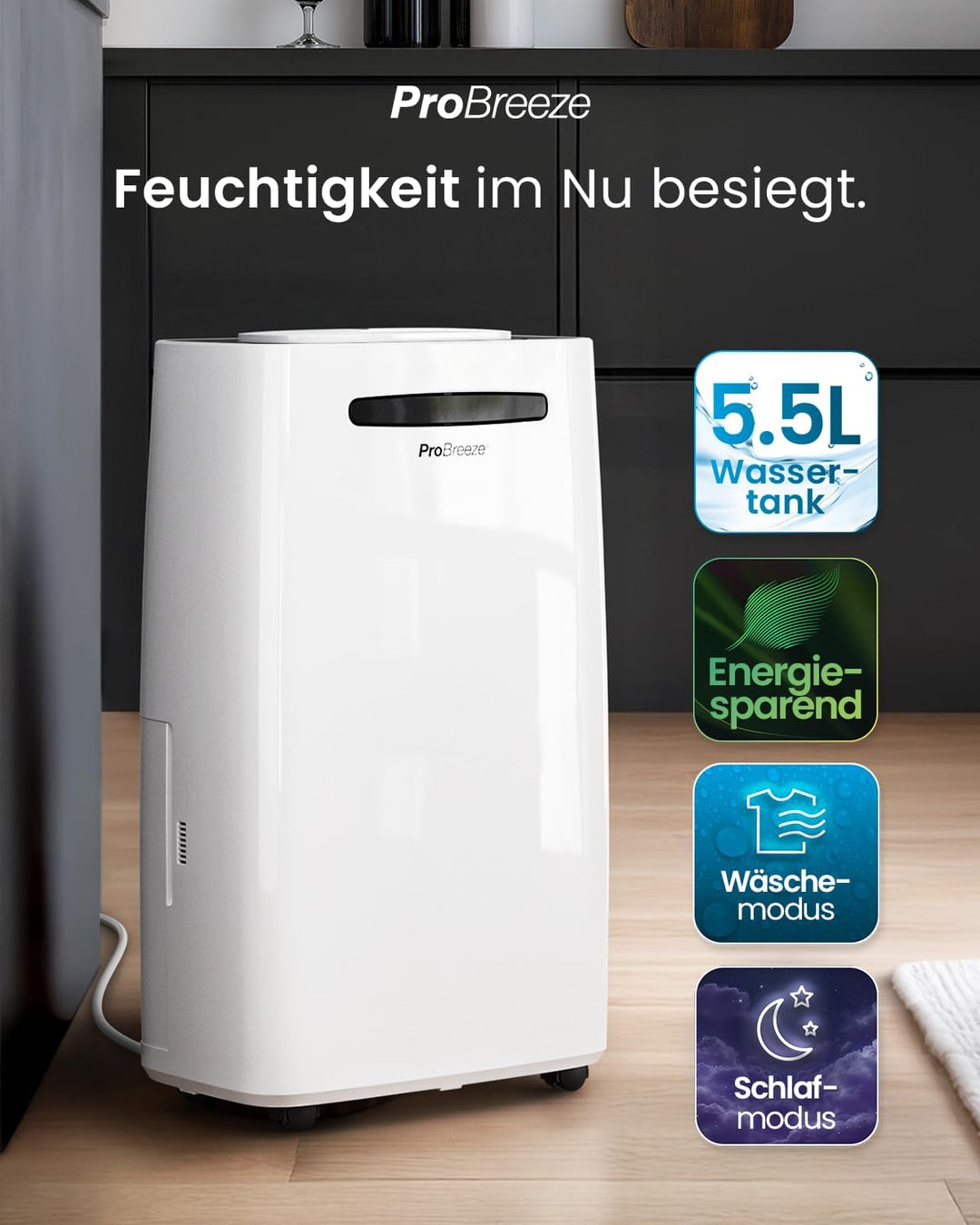 Pro Breeze Luftentfeuchter 20L in 24h Entfeuchtungsleistung - Raumgrösse ca. 195m³ (~30 m²) - mit 4