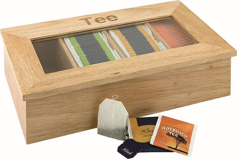 APS 11575 Teebox - Premium Tee-Holzbox mit Sichtfenster und 4 Kammern für Teebeutel, Deckel bleibt o