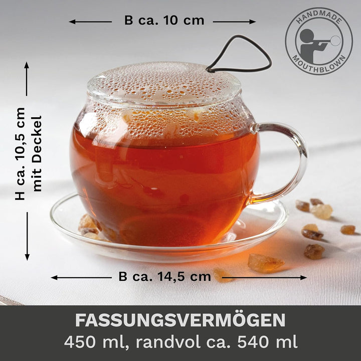 Creano Jumbo Tee-Tasse XXL mit Henkel und integriertem Edelstahlsieb, Glas-Deckel und Untertasse | 4