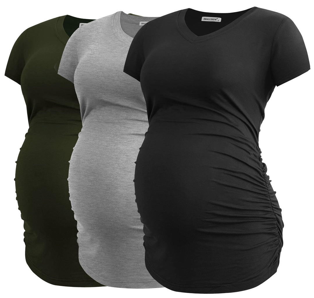 Smallshow Damen Umstandstop V Hals Schwangerschaft Seite Geraffte Umstandskleidung Tops T Shirt 3 Pa