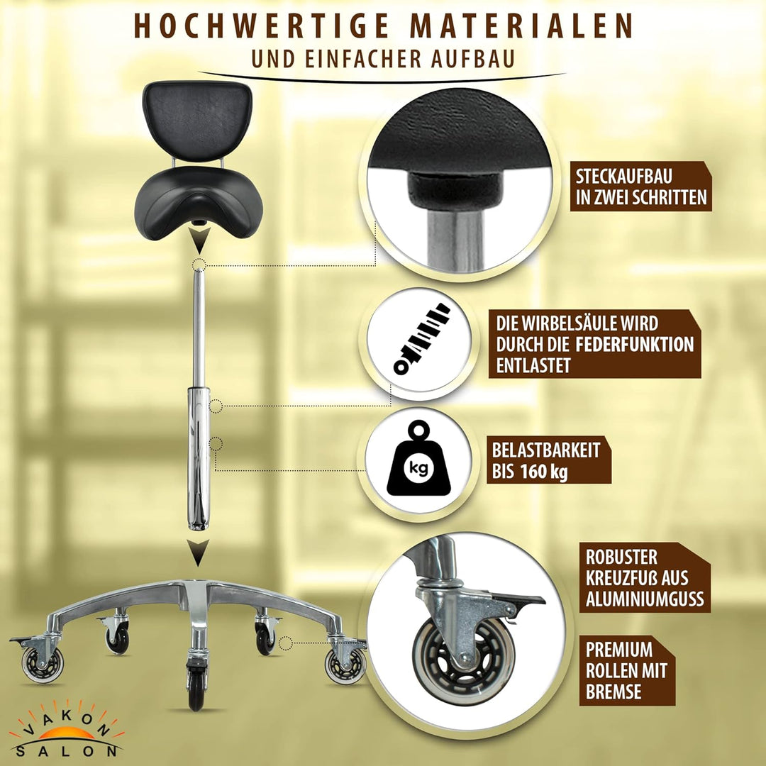 Premium Sattelhocker schwarz mit Bremse und Lehne, Sattelstuhl für Rückenentlastung, Rollhocker höhe