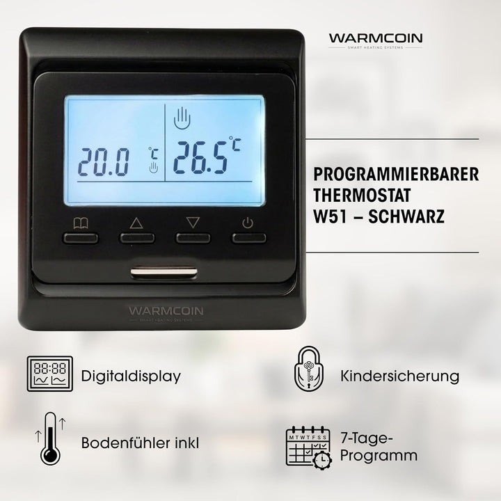 Elektrische Fussbodenheizung Komplettset 160 W/m² – Selbstklebende Heizmatte für Fliesen, Laminat, V