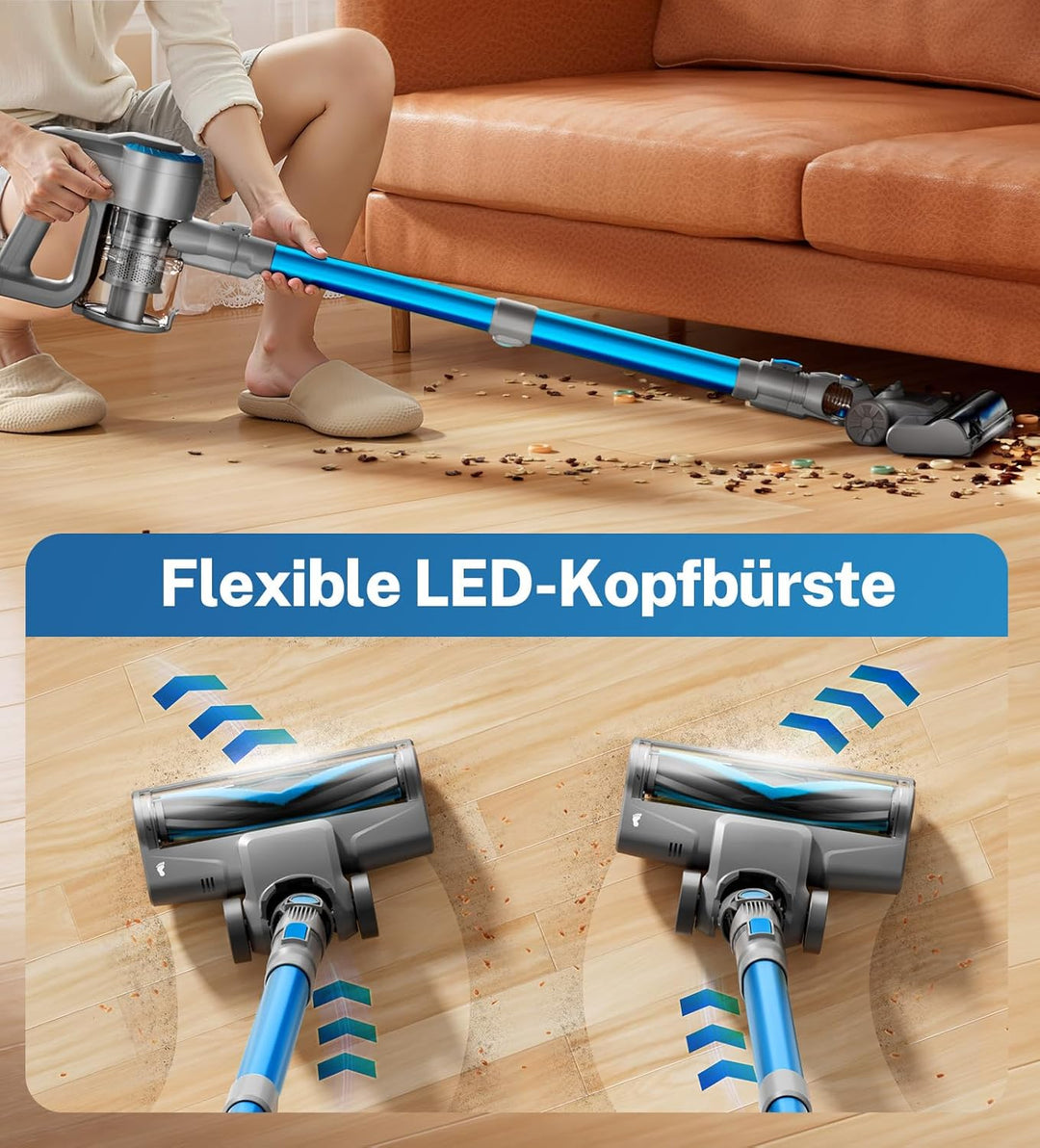 Akku Staubsauger, 30000Pa/55Min Staubsauger Kabellos, Anti-Tangle-Bürste und Selbststehend, Ultralei
