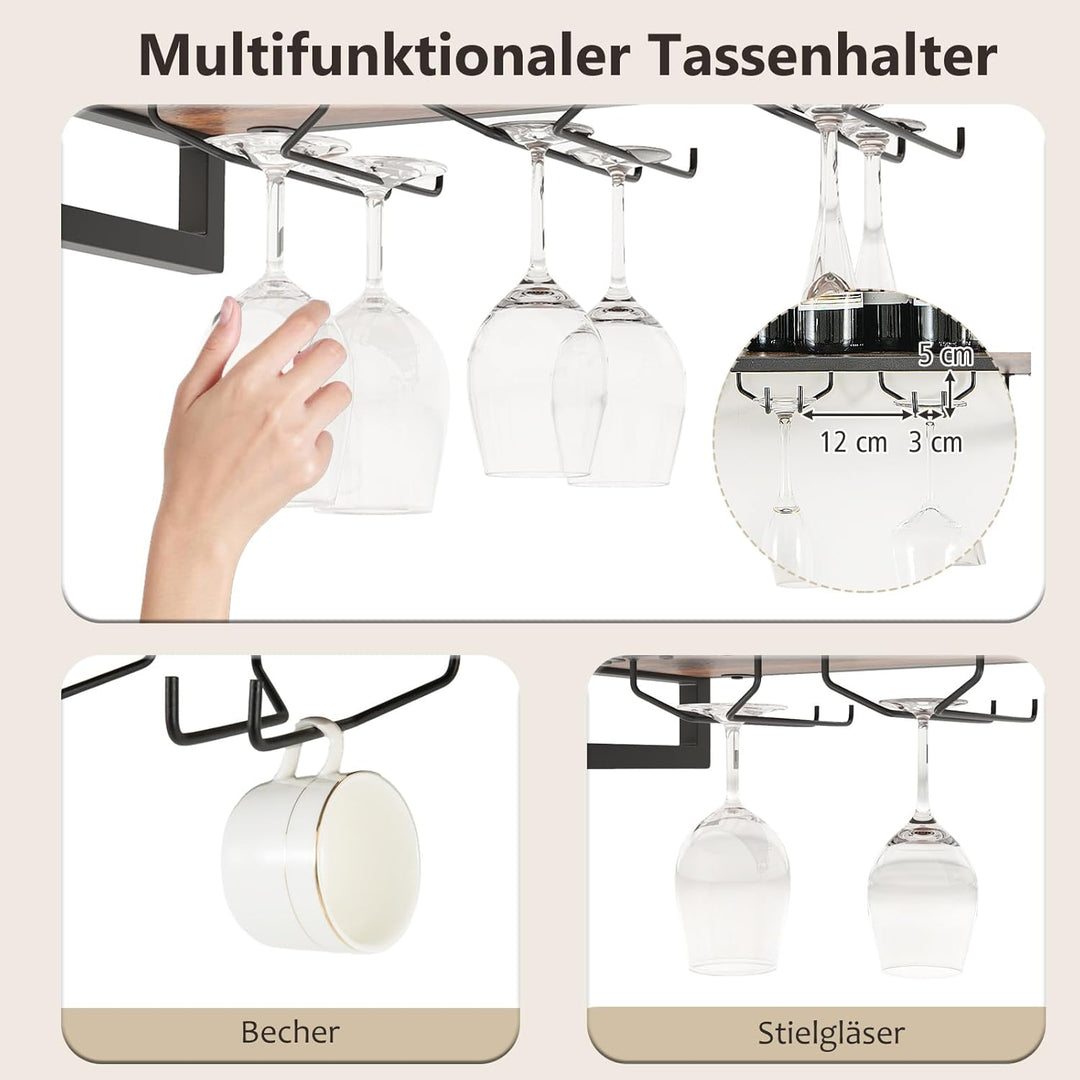 COSTWAY 2 Ebenen Weinregal Wand, Flaschenregal Holz mit Metallrahmen, mit 3 Reihen Weingläserhalter,