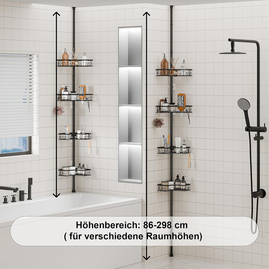 Duschregal Teleskop ohne Bohren, Höhenverstellbare Duschablage Ecke mit 4 Ablagen, Badewanne & Küche