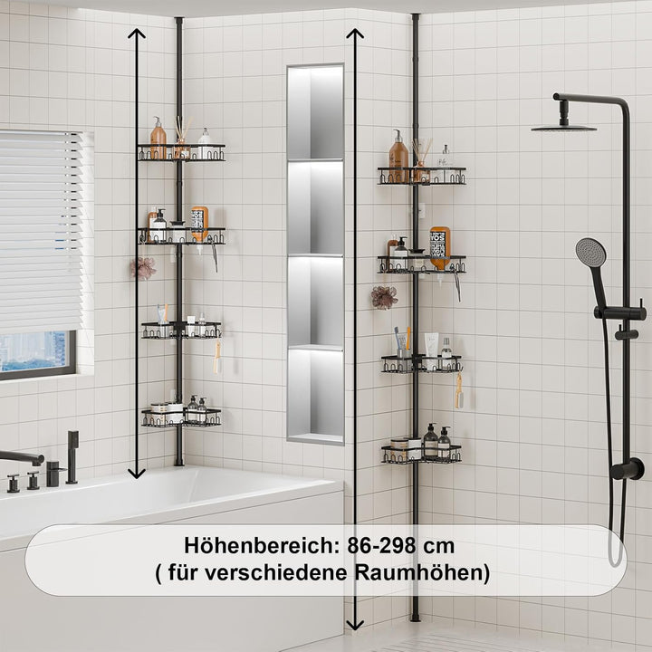 Duschregal Teleskop ohne Bohren, Höhenverstellbare Duschablage Ecke mit 4 Ablagen, Badewanne & Küche