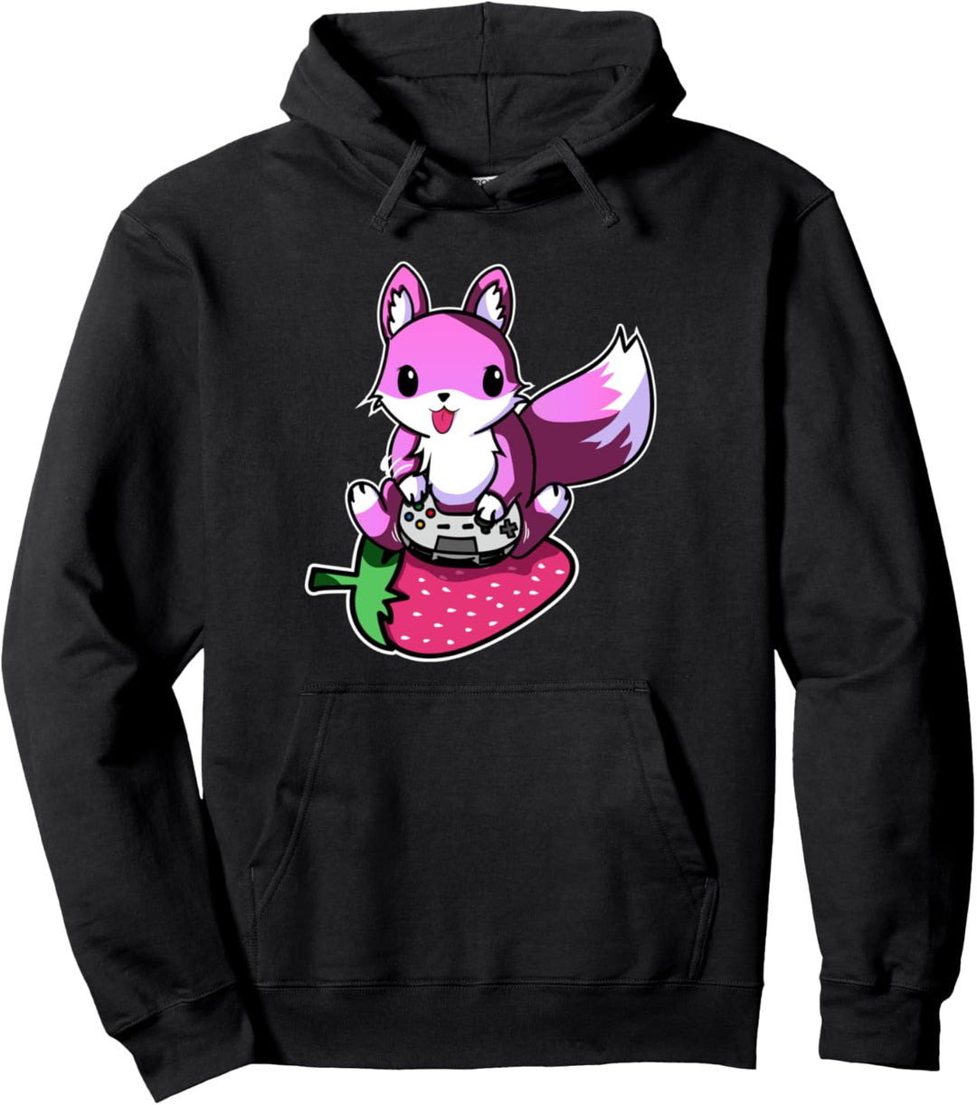 Gamer Fox für Damen, Strawberry Kawaii Videospiele, Mädchen Pullover Hoodie