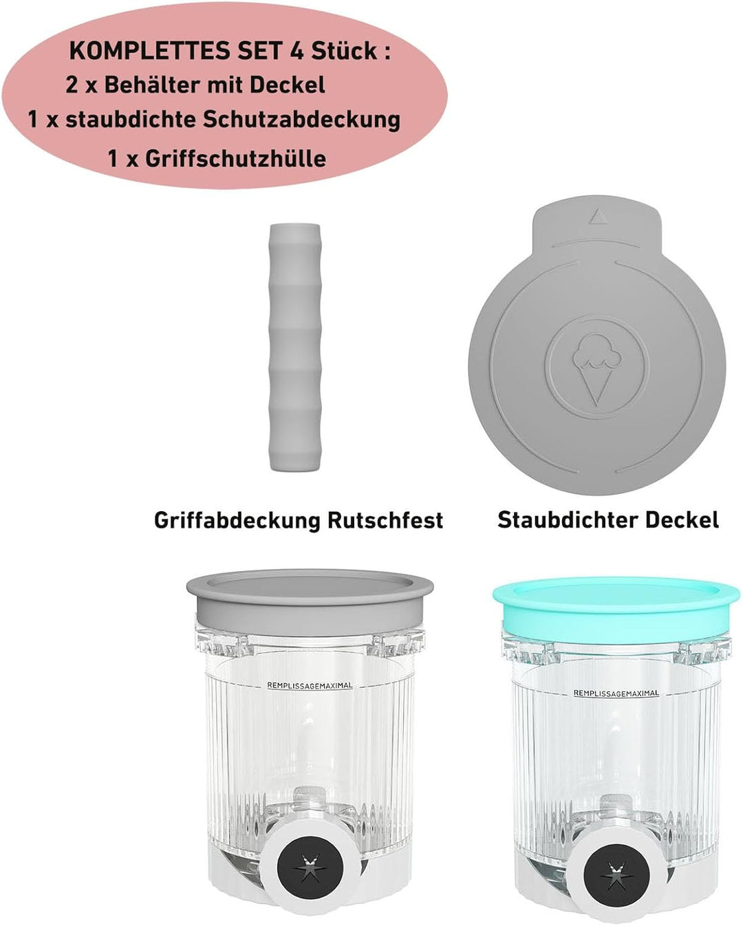 2 Stück Behälter für Ninja CREAMi NC700 NC701, 2 Stück Zubehör (Griffabdeckung Rutschfest + Staubdic