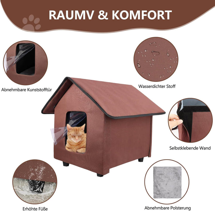 Katzenhaus für draussen, wasserdicht, mit erhöhtem Boden und abnehmbarem Kissen, Faltbarer Katzenunt