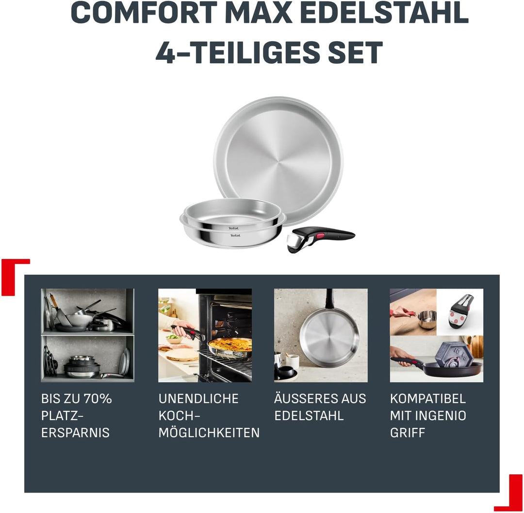 Tefal Ingenio Comfort Max 4-tlg. Pfannen-Set, extrastarker Boden, unversiegelt, platzsparend, Thermo
