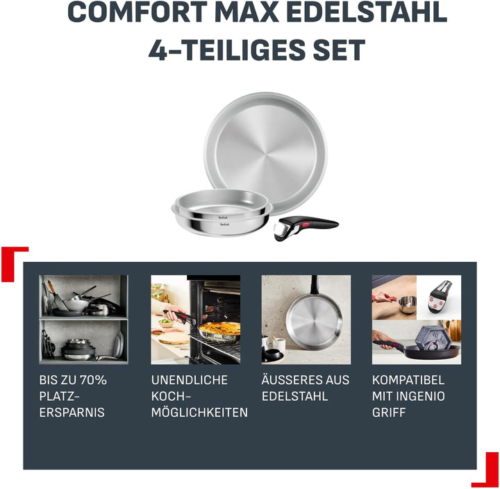 Tefal Ingenio Comfort Max 4-tlg. Pfannen-Set, extrastarker Boden, unversiegelt, platzsparend, Thermo