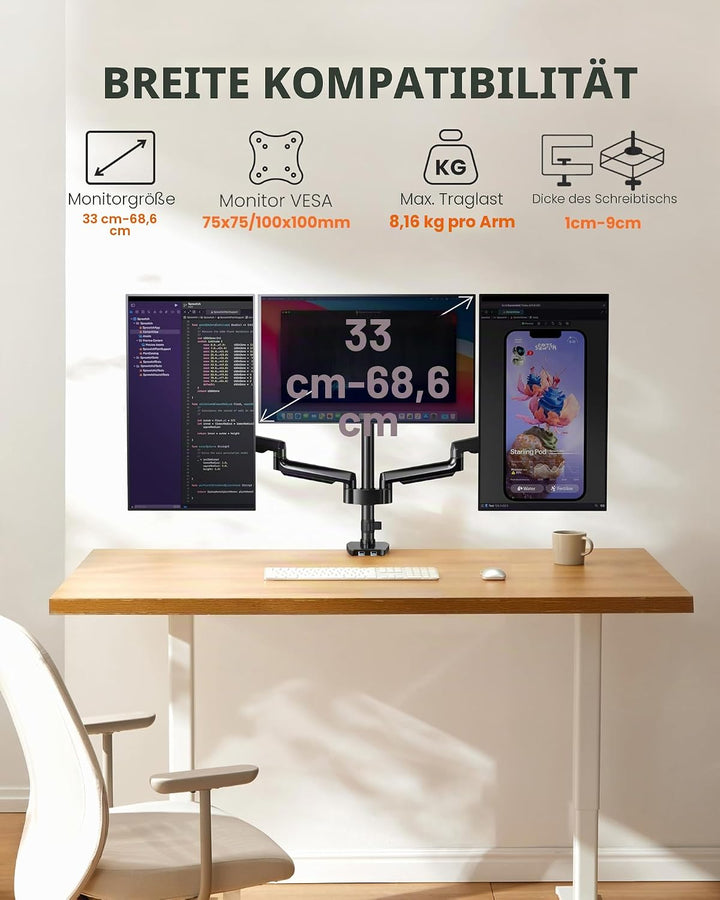 ErGear Monitor Halterung 3 Monitore mit USB-Anschlüssen, Einstellbarer Gasfeder-Monitorhalterung 3 M
