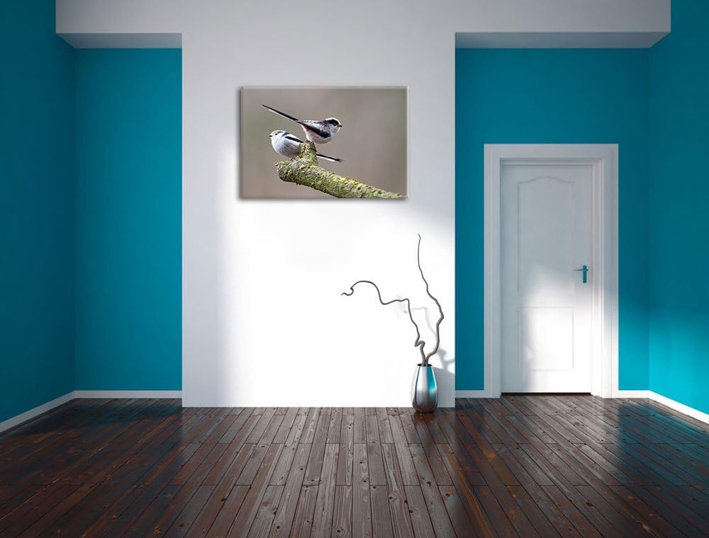 zwei Schwanzmeisen auf einem Ast Leinwand, XXL riesige Bilder fertig gerahmt mit Keilrahmen, Kunstdr