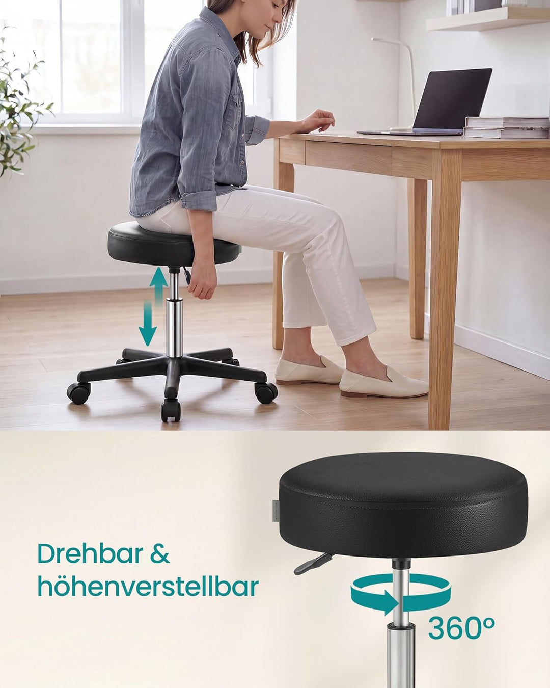 SONGMICS Drehhocker auf Rollen, höhenverstellbarer Rollhocker, 46-58 cm, mit Kunstleder bezogener Si