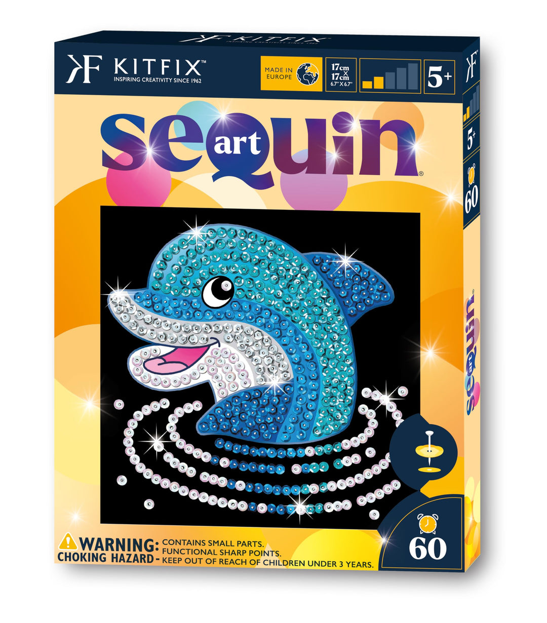 Kitfix - Sequin Art® 60 - Delfin - Paillettenbild für Kinder- 20 x 20cm - 60min Bastelprojekt - Bast