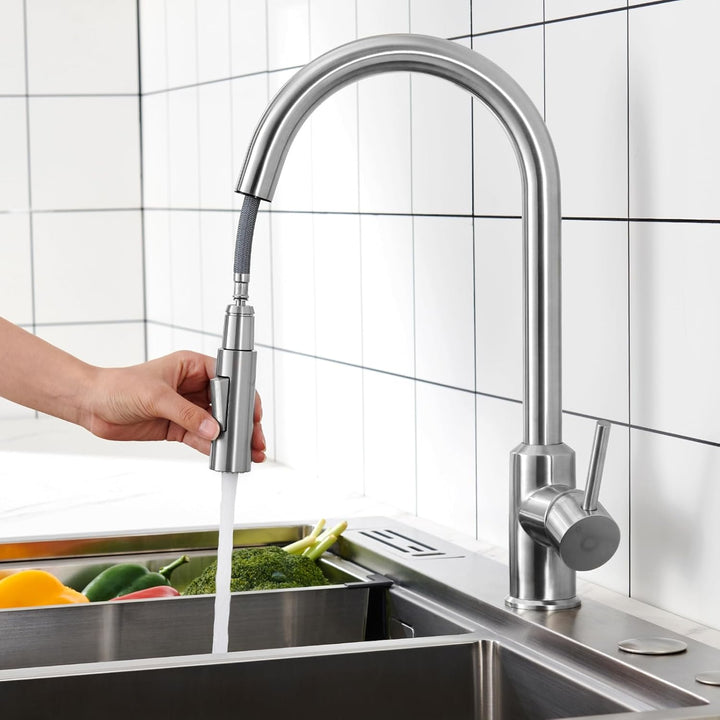 CECIPA Wasserhahn Küche, Mischbatterie Küche mit Hohem Bogen, Hochdruck Küchenarmatur mit Brause Aus