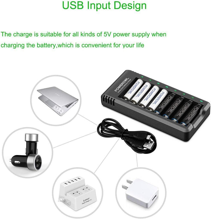Powerowl Batterieladegerät für AA/AAA Akkus inkl. 4X AA 2800 mAh+ 4X AAA 1000mAh Akkus mit Akkuladeg