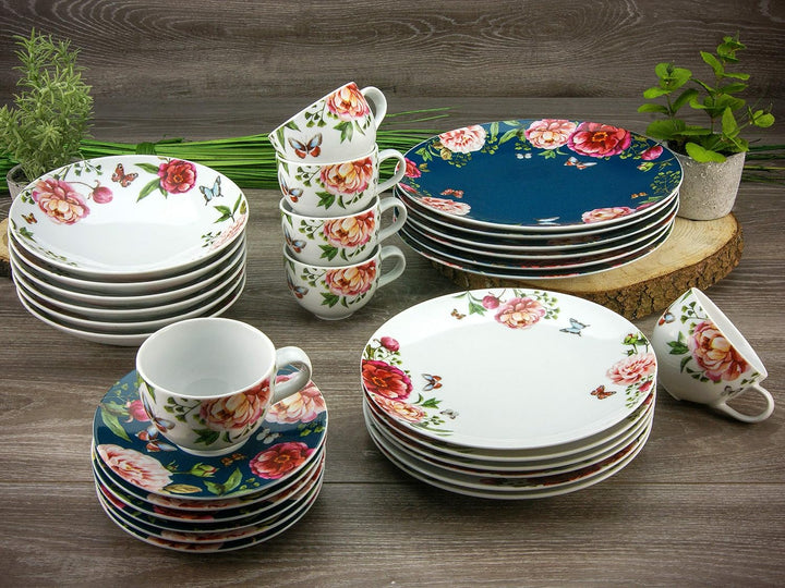 CreaTable Petrol, 22219, Serie Enjoy ROSES weiss, Geschirrset, Kaffeeservice 18 teilig, Porzellan Ka