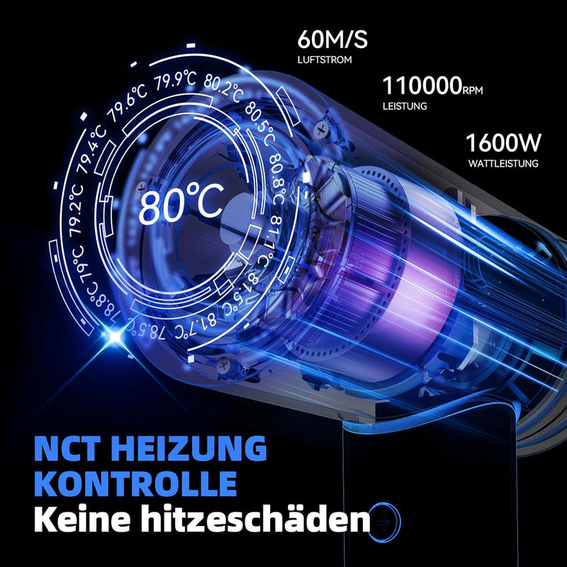 Dibea Föhn Fön 110.000 U/min Hochgeschwindigkeit, 60m/s Luftstrom, Negativ-Ionen-Technologie, Temper