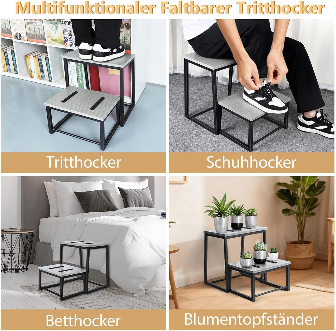 smusei 2 Stufen Tritthocker Klappbar für Erwachsene &amp; Kinder, 3-in-1 Stabiler Holzhocker Fussbank Ab