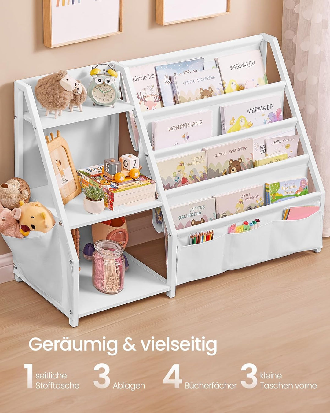 SONGMICS Bücherregal Kinder, Kinderregal, Spielzeugregal, Bücher-Organizer, mit Seitentasche, 75 cm