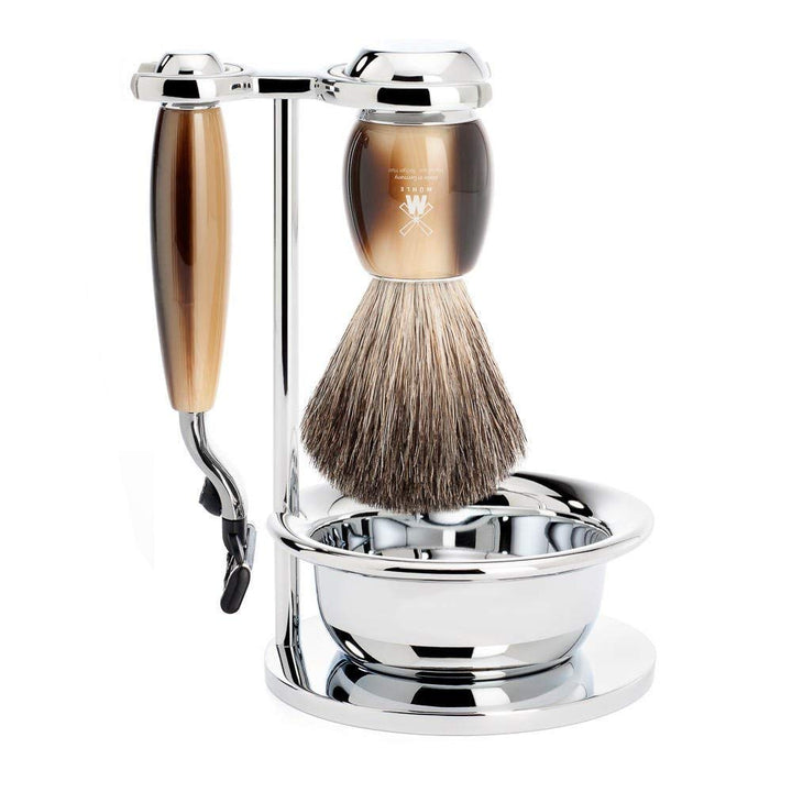 MÜHLE Rasierset mit Schale - Vivo Serie - Dachshaar - kompatibel mit Gillette-Klingen - Edelharz hor