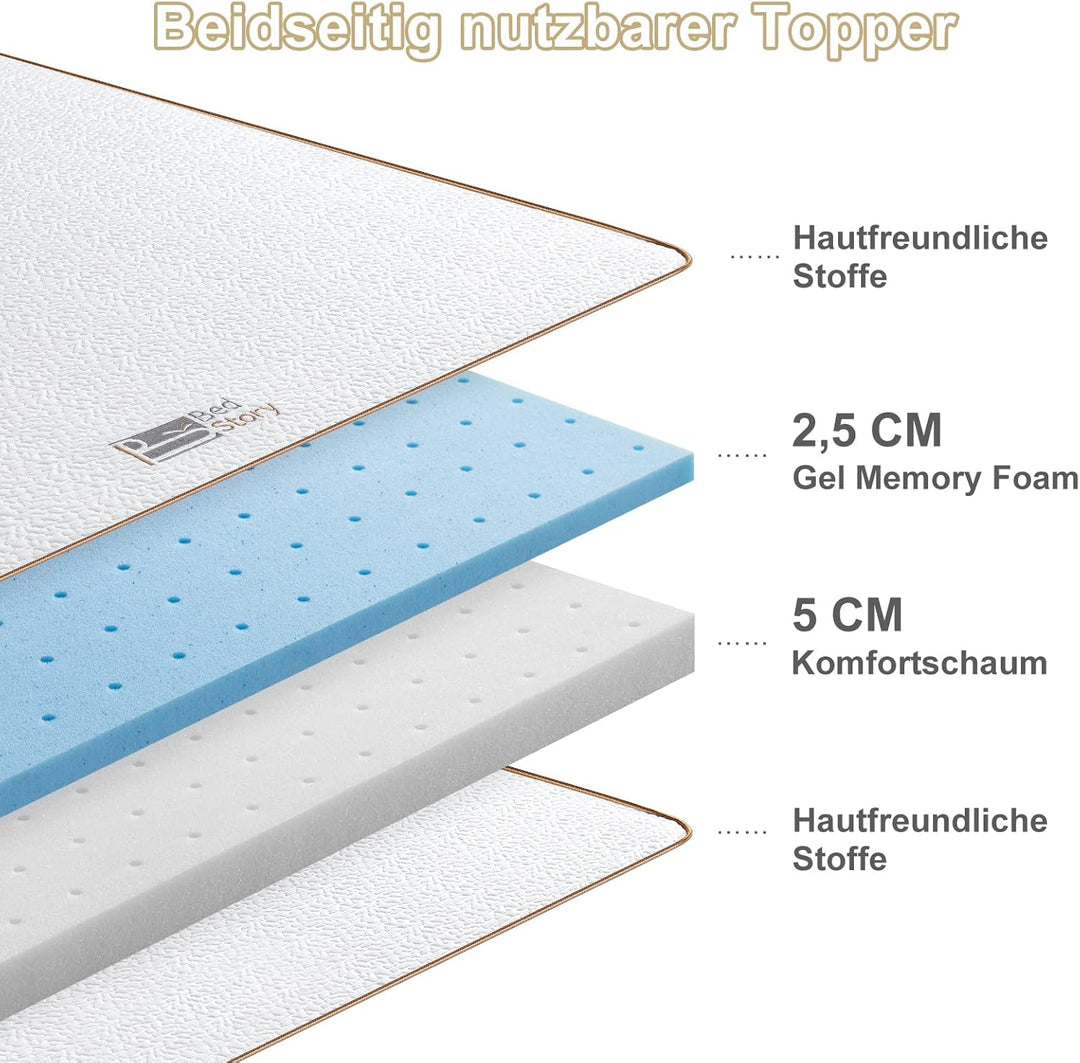 BedStory Topper 90x200cm, 7,5cm Zwei Härtegrade H3&H2 Gel Topper mit Abnehmbarem und Waschbarem Bezu