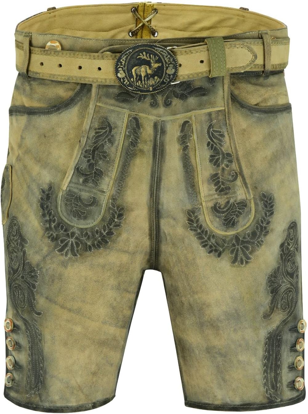 SiXsigma Sports Kurze Herren Trachten Lederhose mit Gürtel, Olive Meliert, Wildbockleder, Antik Okto