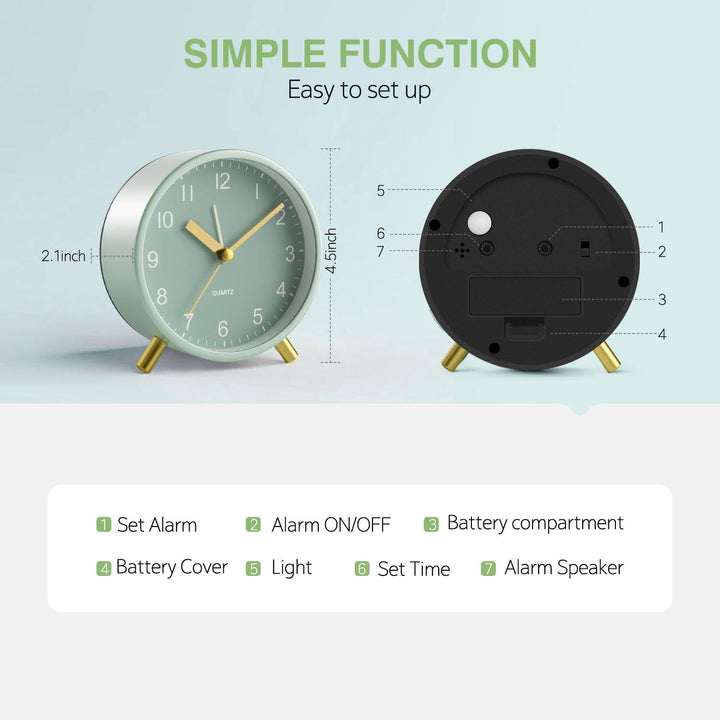 Analoger Wecker, Silent Non Ticking mit Nachtlicht, Modischer Runder Metall Wecker für Büro, Batteri