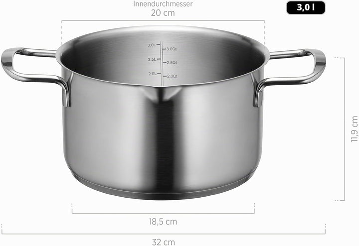 MÄSER Sanvito, Kochtopf 20cm mit Glasdeckel und praktischem Ausgiesser, kleiner Edelstahl Topf mit S