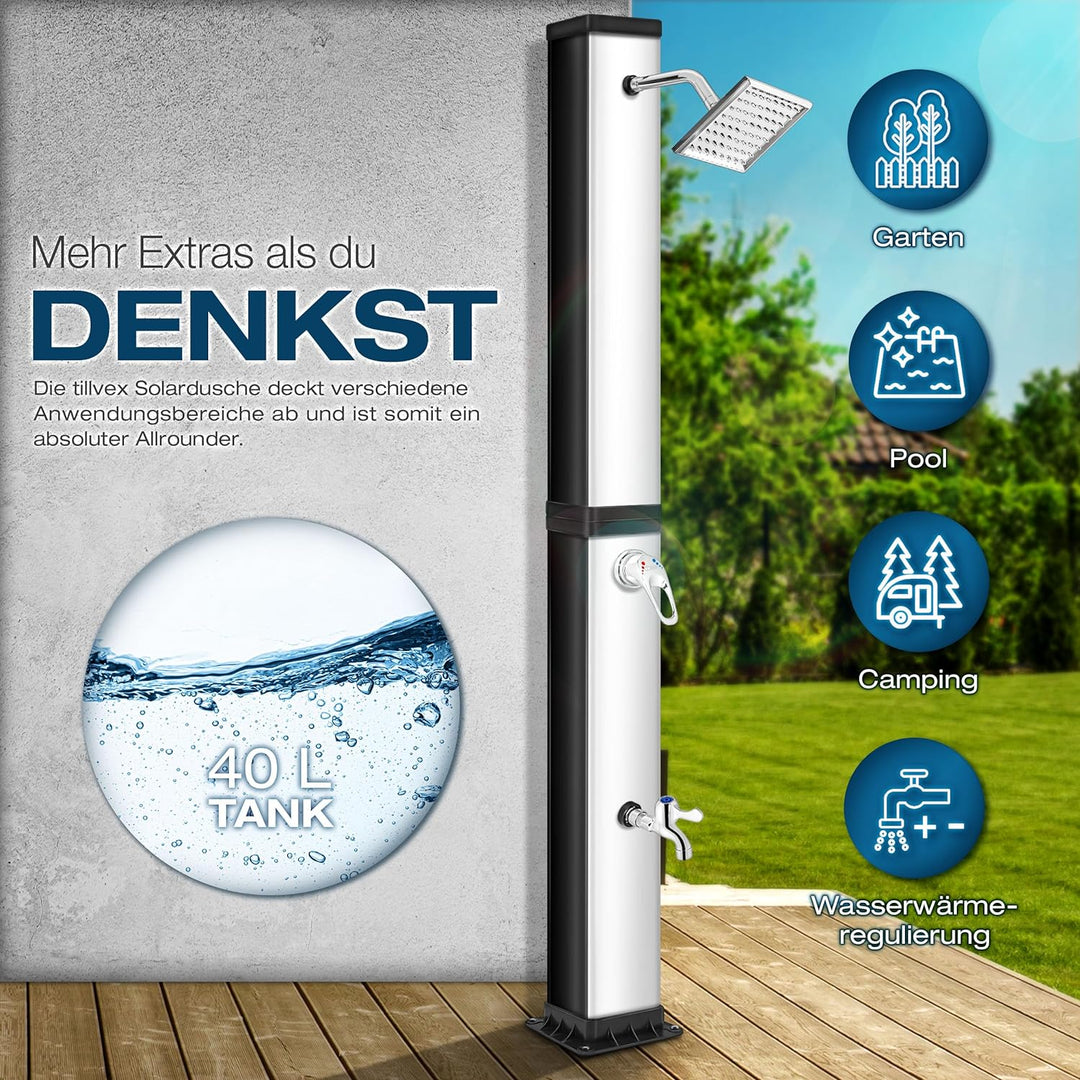 tillvex Solardusche 40 Liter inkl. Schutzhaube | Solar Garten-dusche warmes Wasser | Pooldusche Camp
