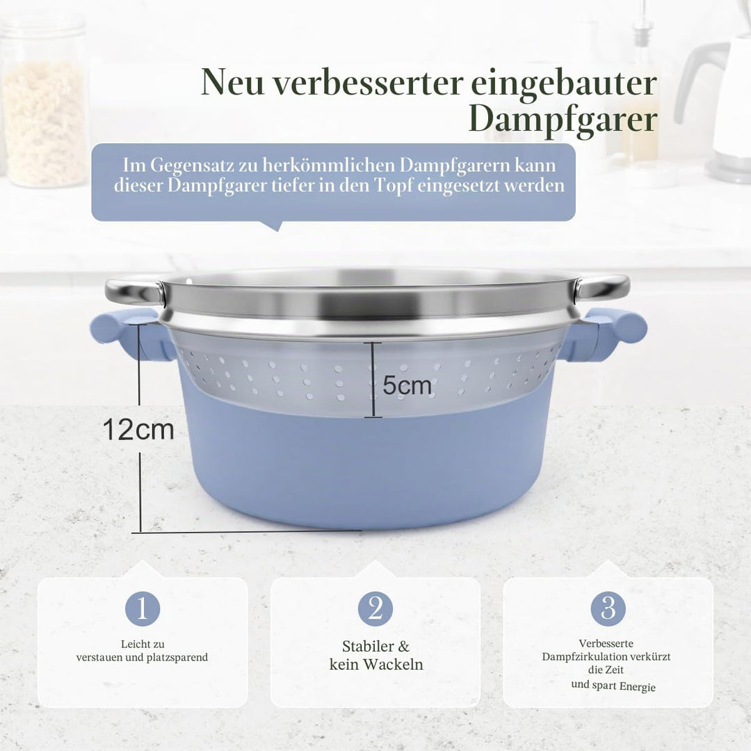 Kochtopf 28 cm mit Deckel, Grosser 6L Stielkasserolle mit Dampfkorb Antihaftbeschichtung-Kasserolle