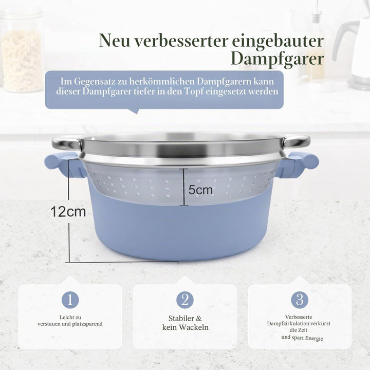 Kochtopf 28 cm mit Deckel, Grosser 6L Stielkasserolle mit Dampfkorb Antihaftbeschichtung-Kasserolle
