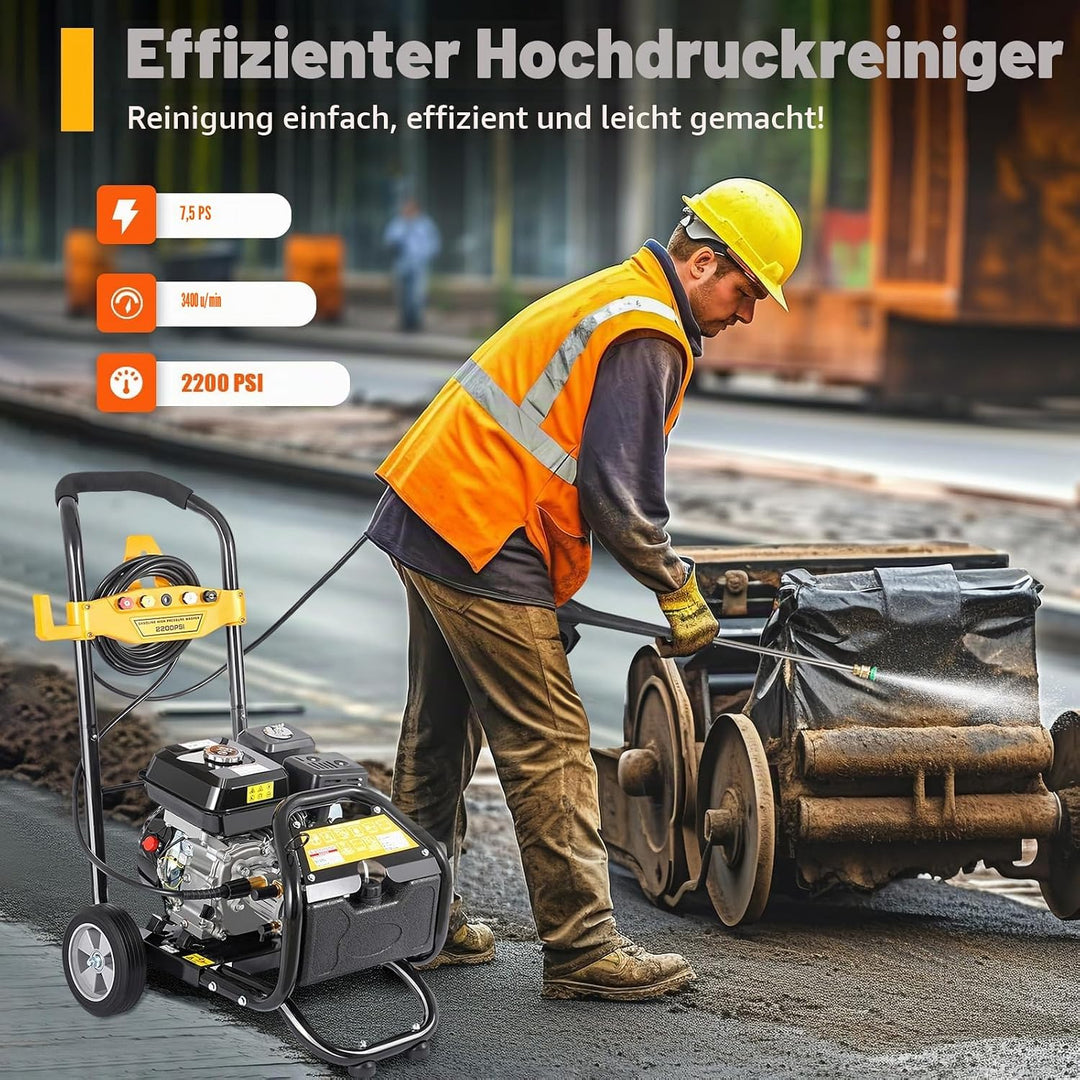 Benzin-Hochdruckreiniger mit Schlauchtrommel, Max. 220 Bar, 3200 PSI, 7 HP Motor mit 210 CCM, Reinig