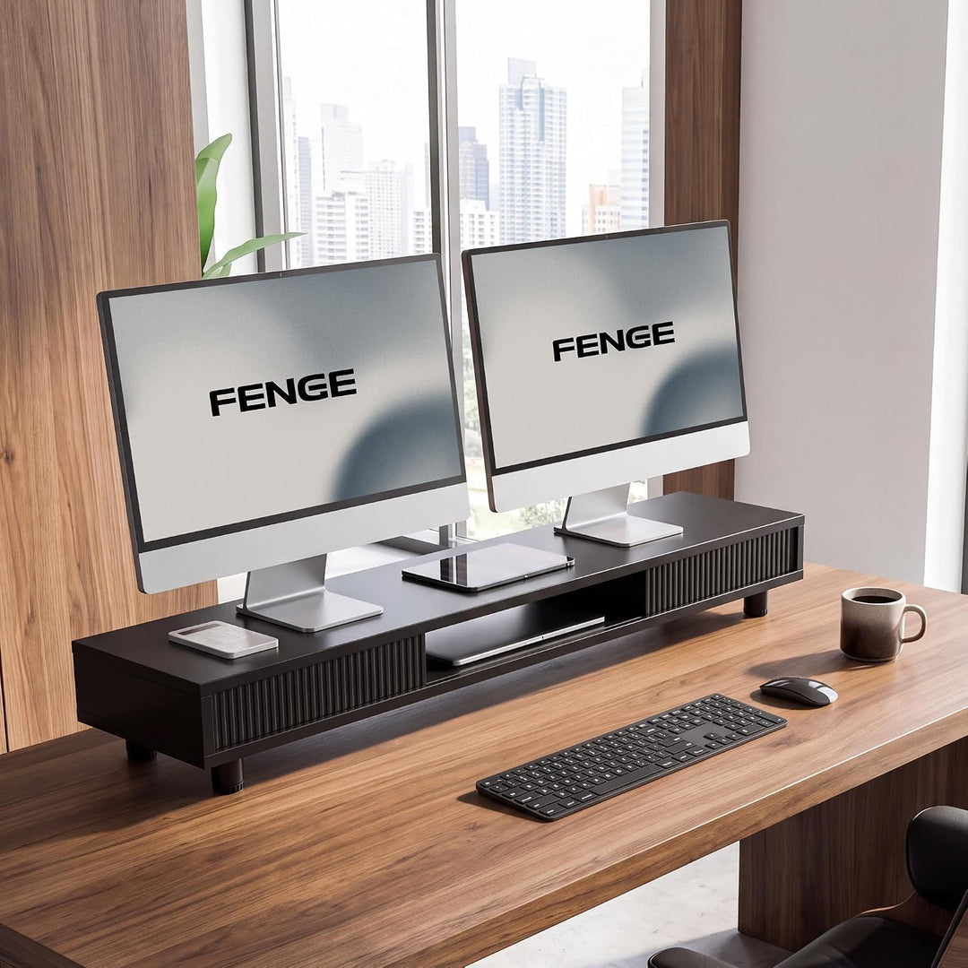 Fenge Dual Monitorständer 108cm Grosser Bildschirmständer mit 2 Glas-Schiebetür Höhenverstellbarer M