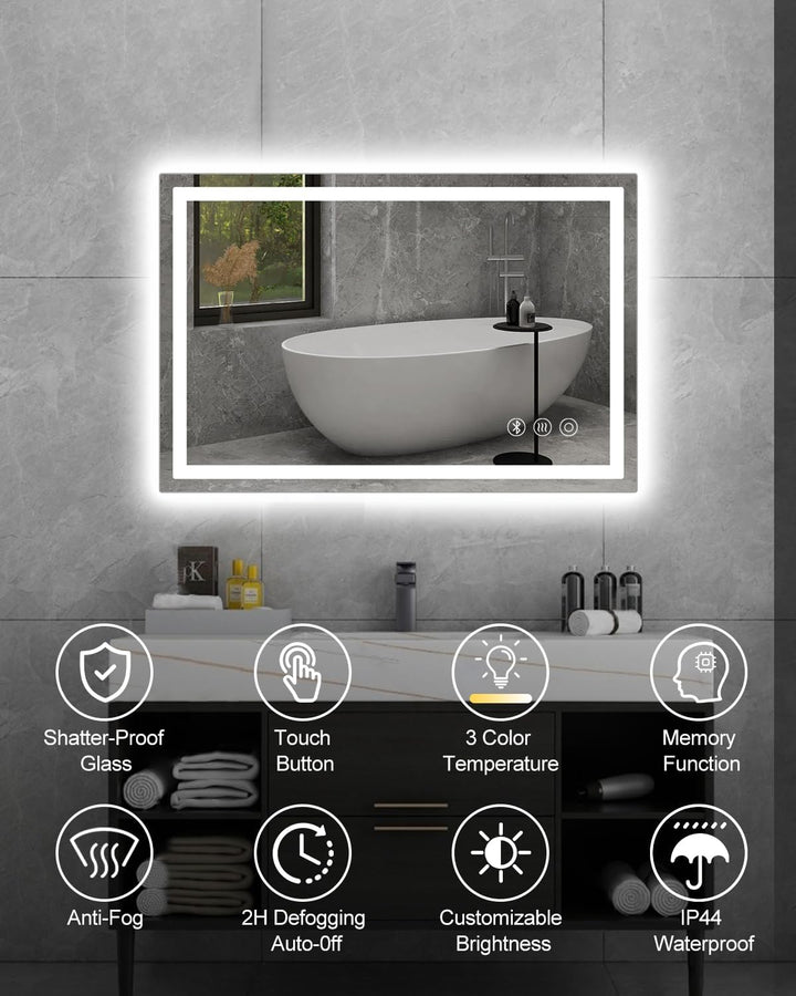 Badspiegel mit Beleuchtung 60 x 80 cm, LED Badspiegel mit Bluetooth, Anti-Fog, Touch-Schalter, Memor