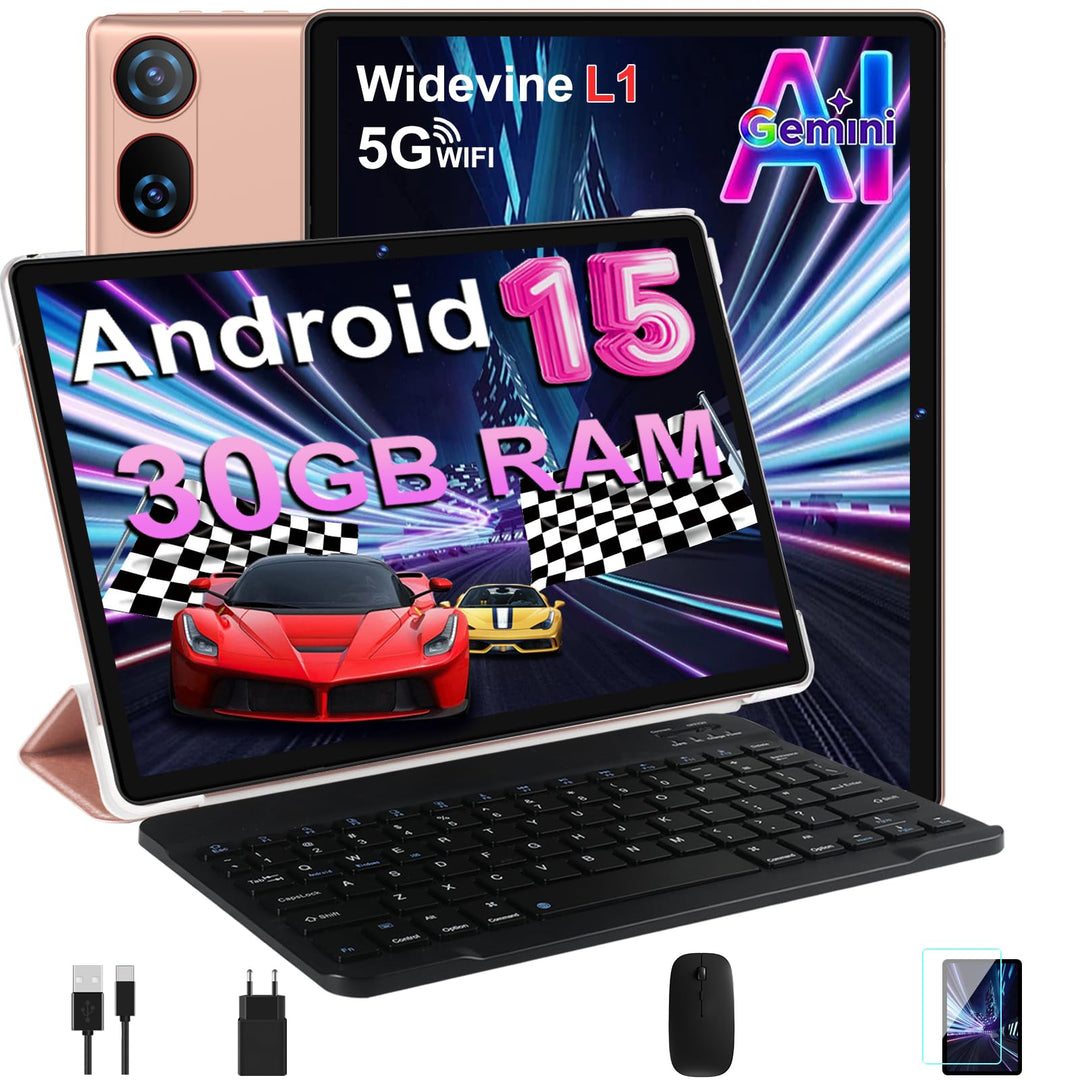 DMOAO Tablet 10 Zoll Android 15 mit Tastatur, Gemini AI, 30GB RAM + 64GB ROM (2TB Erweiterung), 5G W