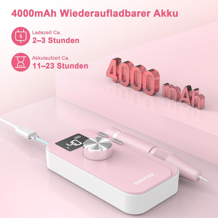 SURFOU Nagelfräser 40000 U/min, Elektrische Nagelfeile Kabellos Wiederaufladbar mit 4000mAh Akku, LC