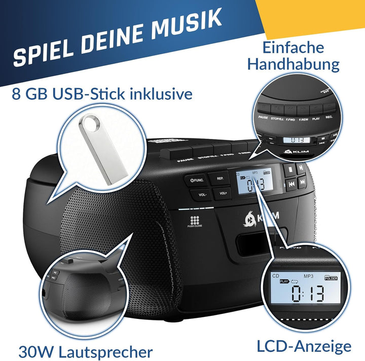 KLIM CD Player mit Kassette mit USB, Kassettenspieler, Kassettenrekorder, Radio mit CD und Kassette,