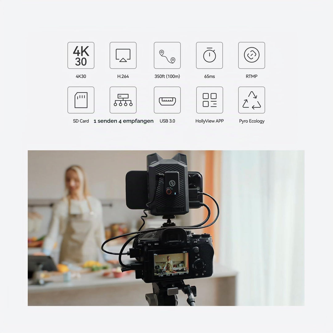 Hollyland Vcore 4K30/HD Funk-Videosystem: 4-Geräte-Überwachung, integrierter Akku, Speicherkartenslo