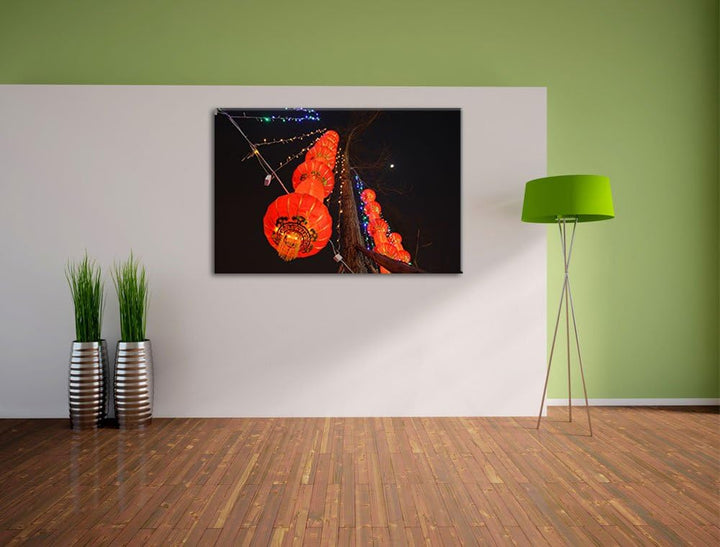Dark traditionelle chinesische Lampions Leinwand, XXL riesige Bilder fertig gerahmt mit Keilrahmen,