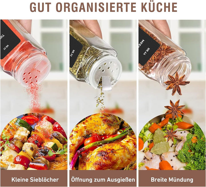 Gewürzgläser Eckig 24 Stück mit Edelstahl-Deckel & Gewürzmühle – Luftdichte Gewürzdosen Set inkl. 20