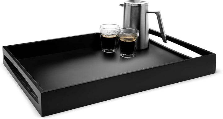 Schwarzes Holz-Servier-Tablett 55 x 40 cm - grosses eckiges Frühstückstablett mit hohem Rand und 2 G