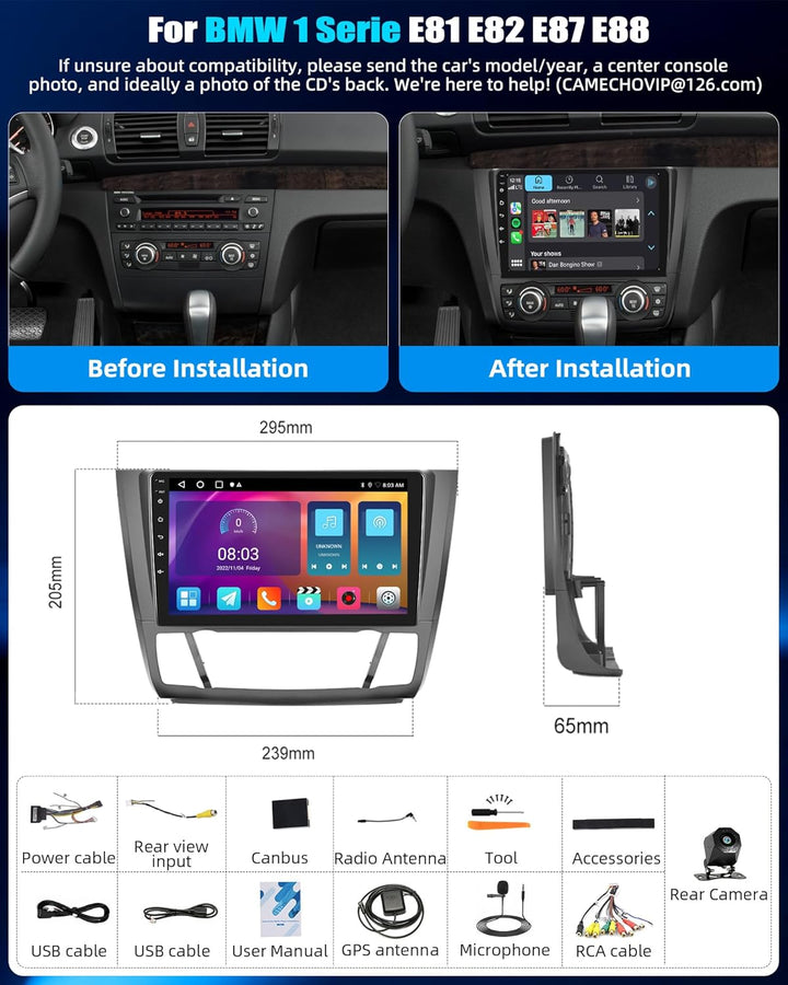 CAMECHO 2G+64G 4 Core Android 15 Autoradio für BMW 1 Serie E81 E82 E87 E88 mit Navi Carplay Android