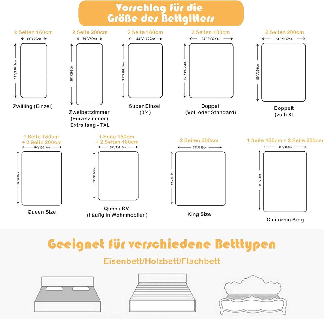 COSTWAY 175cm Bettgitter, 24 Stufen höhenverstellbares Babygitter mit doppeltem Verschluss & Reissve