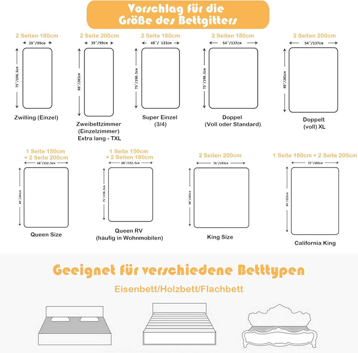 COSTWAY 175cm Bettgitter, 24 Stufen höhenverstellbares Babygitter mit doppeltem Verschluss & Reissve